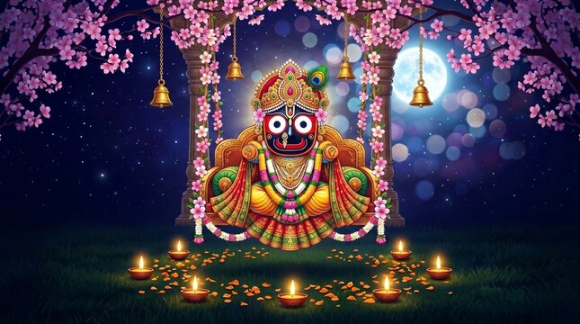 Jagannath jhulan yatra festival celebration lord jagannath on swing with candles and moon