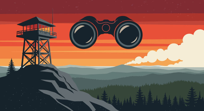 Binoculars Hovering Over a Scenic Landscape with a Fire Lookout Tower at Sunset