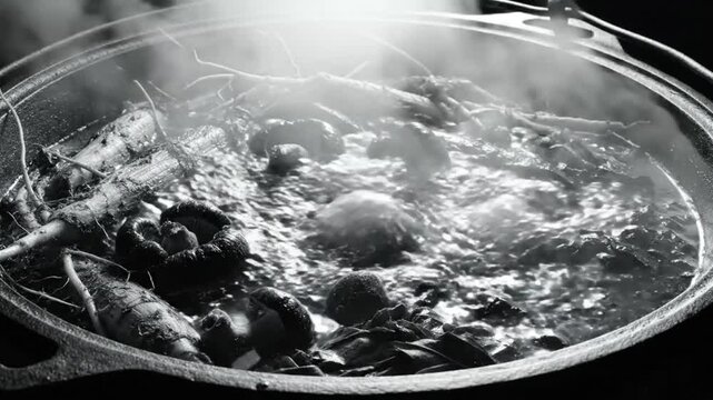 Simmering herbal ingredients in a cauldron with steam and bubbling water, traditional medicinal preparation