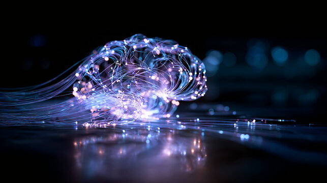 Luminous abstract macro photograph capturing a glowing neural network with intricate fiber optic connections
