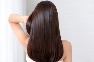 Naklejka premium しなやかにまとまるロングヘアの美しい後ろ姿をクローズアップで捉えたビューティーイメージ、自然なツヤと指通りの良さ、なめらかな毛流れを表現したヘアケア・シャンプー・トリートメント・サロン広告向け人物素材