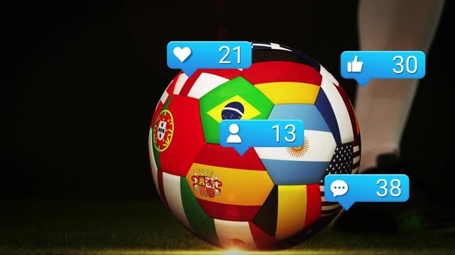 Player moving cleat toward ball showing flags, blue bubbles trailing and counting, boosting ads