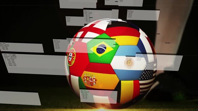 Multi-flag soccer ball rotating as sliding panels appear, cleated foot nearing to show match stats