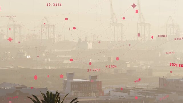 Port skyline with red dots overlay being animated after incoming pulse, visualizing cargo flow