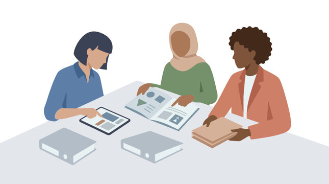 Diverse group of women collaborating on a business project at a desk. EPS Editable. Vector Illustrations.