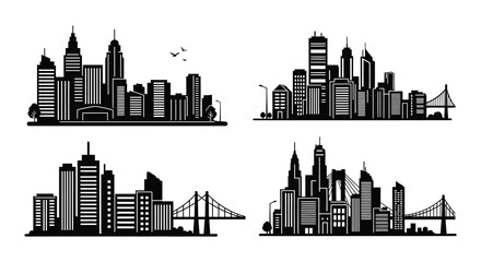 Obraz premium Stylized black and white cityscape icons featuring bridges and buildings