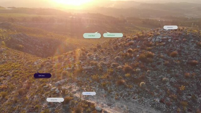 Drone pulling back ascending UI tags appearing over rocky hill showing social metrics for marketing