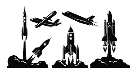 Collection of black silhouette rockets and spacecraft launching into the sky © MdNirob