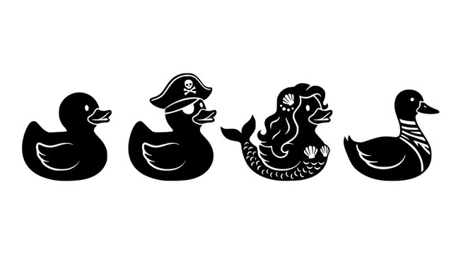 Four black ducks with different themed designs and accessories