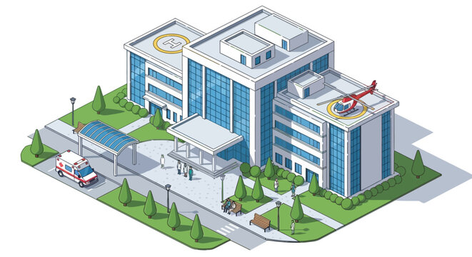 Modern hospital building with helipad and ambulance, providing a clean and advanced healthcare facility