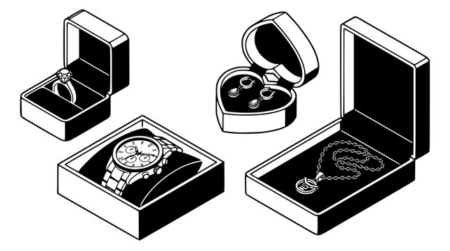 Various jewelry items in open boxes illustration design