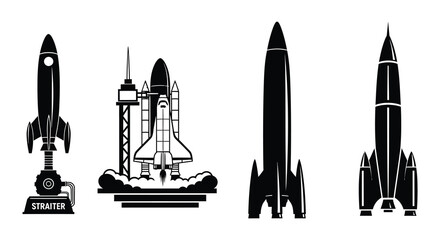 Collection of black silhouette rockets and spacecraft launching into the sky © MdNirob