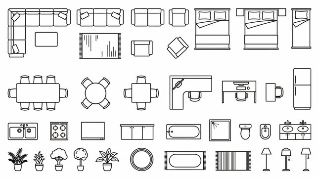 Top-down view vector icons of various furniture and home appliance elements, ideal for architectural floor plans and modern interior design layouts