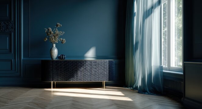 Elegant dark blue room featuring a sideboard with a vase of flowers under natural sunlight reflecting off the curtains