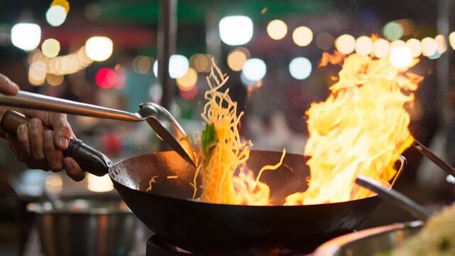 Asian chef skillfully tosses stir-fried noodles in a wok over an open flame, with vibrant market lights creating a lively atmosphere in the background