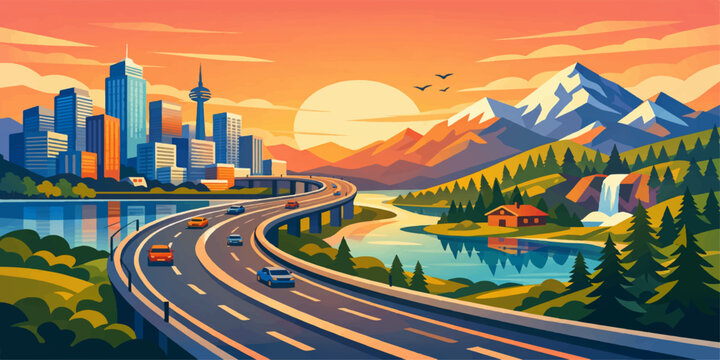 Dynamic urban highway with motion blur traffic stretching from mountain landscape to a downtown city skyline at sunset under a glowing night sky representing modern transportation and architecture