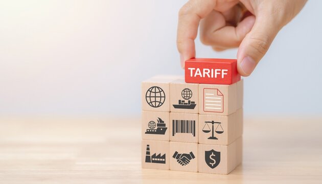 Hands set red block marked as tariff on wooden blocks showing trade, transport, and economic symbols in a business environment
