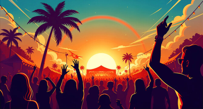 Crowd silhouettes dancing at a tropical beach music festival during a vibrant sunset. Palm trees and tents frame the stage under a glowing sky. Summer event concept for travel and party marketing.