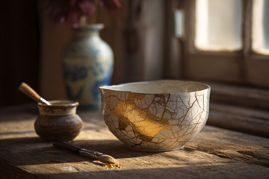 Meticulous Kintsugi Pottery Repair on Rustic Wooden Table with Brushes and Golden Powder
