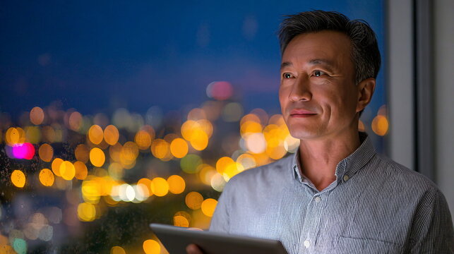 Asian man 40s contemplates future city lights at night holding tablet