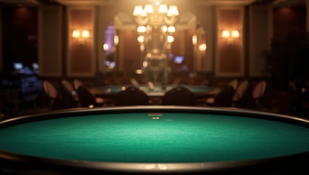 Vacant green gambling table with lighting.