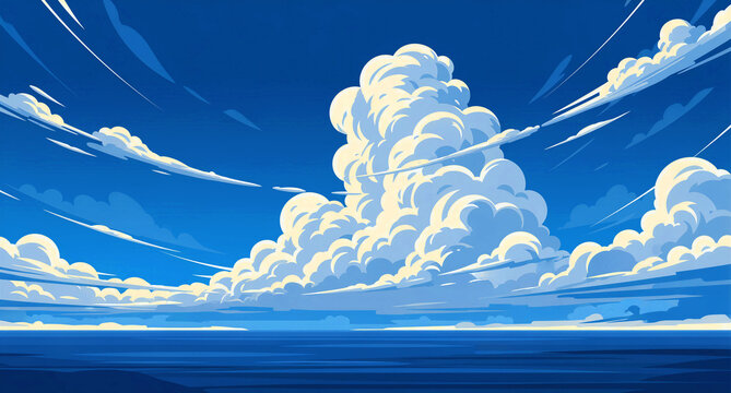 Anime illustration of massive white clouds over a blue sea. Vibrant cel-shaded sky with stylized puffy formations. Aesthetic summer background for animation and digital media.