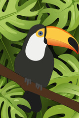 Fototapeta premium A colorful toucan perches on a branch amidst lush tropical foliage