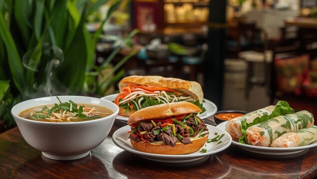 Vietnamese dishes pho bo, banh mi bo, and nem song.