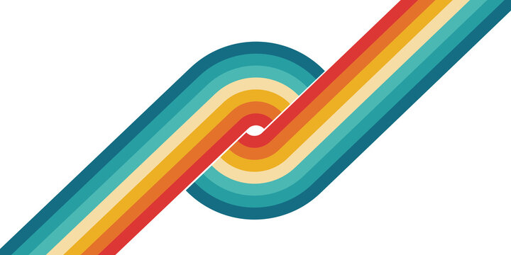 Retro groovy background with colorful intertwining striped circle and lines reminiscent of 70s and 80s design on transparent background.