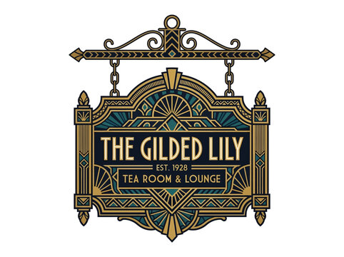 Elegant Vintage Signage for 'The Gilded Lily' Tea Room & Lounge, Established 1928, Art Deco Design