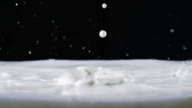 Milk pouring creating crown splash against black background