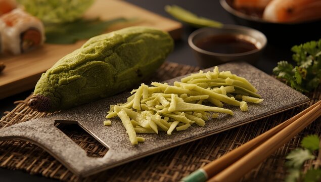Wasabi root and freshly grated wasabi on shark skin grater.