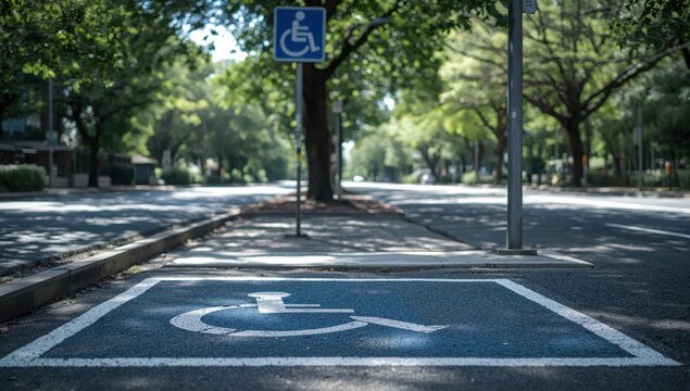 White handicapped symbol on a free parking spot for the disabled.