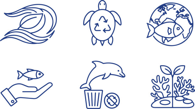 Blue line art icons for environmental protection and ocean life conservation.