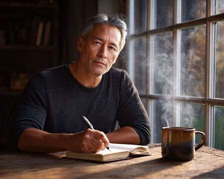 Middle-aged Hispanic man with focused expression writing in a notebook near a window
