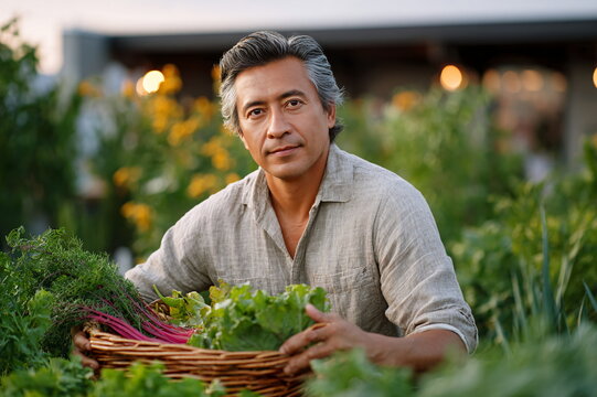 Middle-aged Hispanic man with content expression harvesting fresh produce from his garden