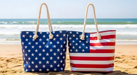 Fototapeta premium Two patriotic beach tote bags with american flag design on sandy beach