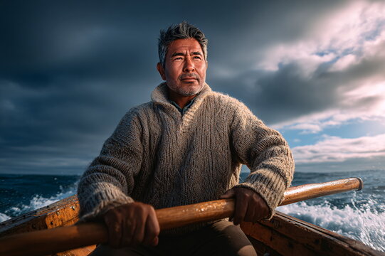 Middle-aged Hispanic man rowing confidently on a boat with kind weathered face against a dramatic sky