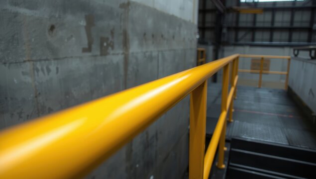 Yellow-painted handrail on a stairway platform in an industrial setting. Close-up photo focusing on the handrail.