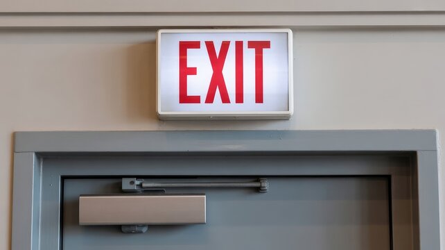 Bright red exit sign mounted above a gray commercial door inside a modern public building interior hallway space