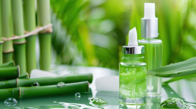 Natural Skincare Products with Green Bottles Surrounded by Bamboo and Water Droplets on a Soft Green Surface