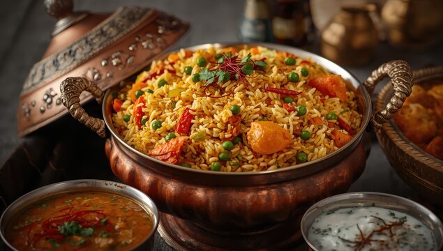 Hyderabadi vegetable dum biryani with assorted vegetables accompanied by curry, focused shot.