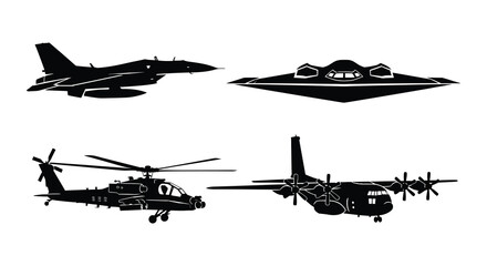 Fototapeta premium Silhouettes of military aircraft fighter jet stealth bomber helicopter and transport