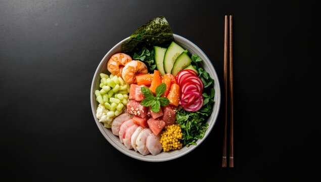 Assorted poke bowl. Nutritious Hawaiian meal featuring salmon, tuna, and shrimp, top view on dark surface, with chopsticks and space for text.