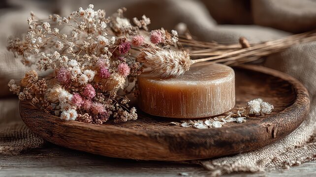 Round Soap on Wooden Plate with Dried Flowers