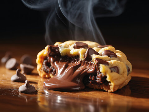 A steaming hot chocolate chip cookie with melted chocolate filling on a wooden table