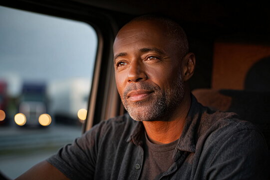 Smiling middle-aged male truck driver of African descent sits looking out window with subtle evening light