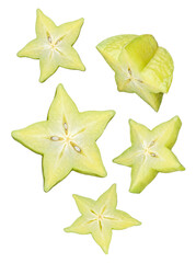 Naklejka premium Delicious and fresh carambola, commonly known as star fruit, precisely sliced on a transparent background.
