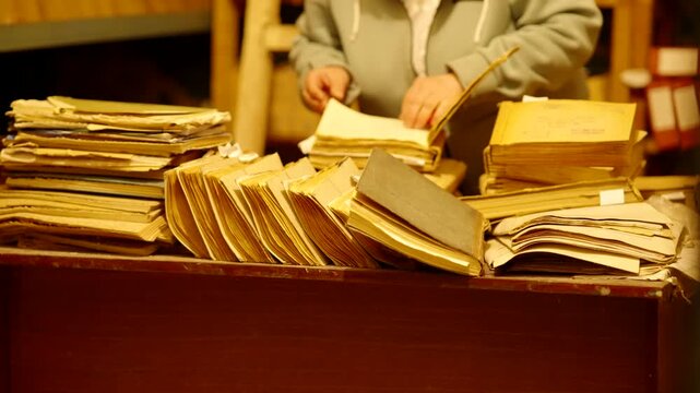 Archivist Sorting Through Stacks Of Old Vintage Documents On Desk. Researcher Working With Antique Records And Manuscripts