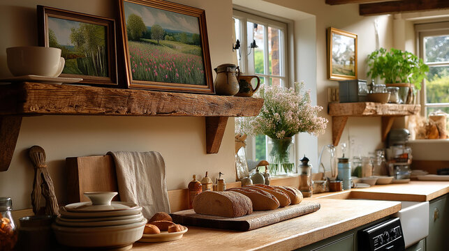 Cozy farmhouse kitchen with rustic wood frames, meadow paintings on open shelves and a bread board beneath in late afternoon light